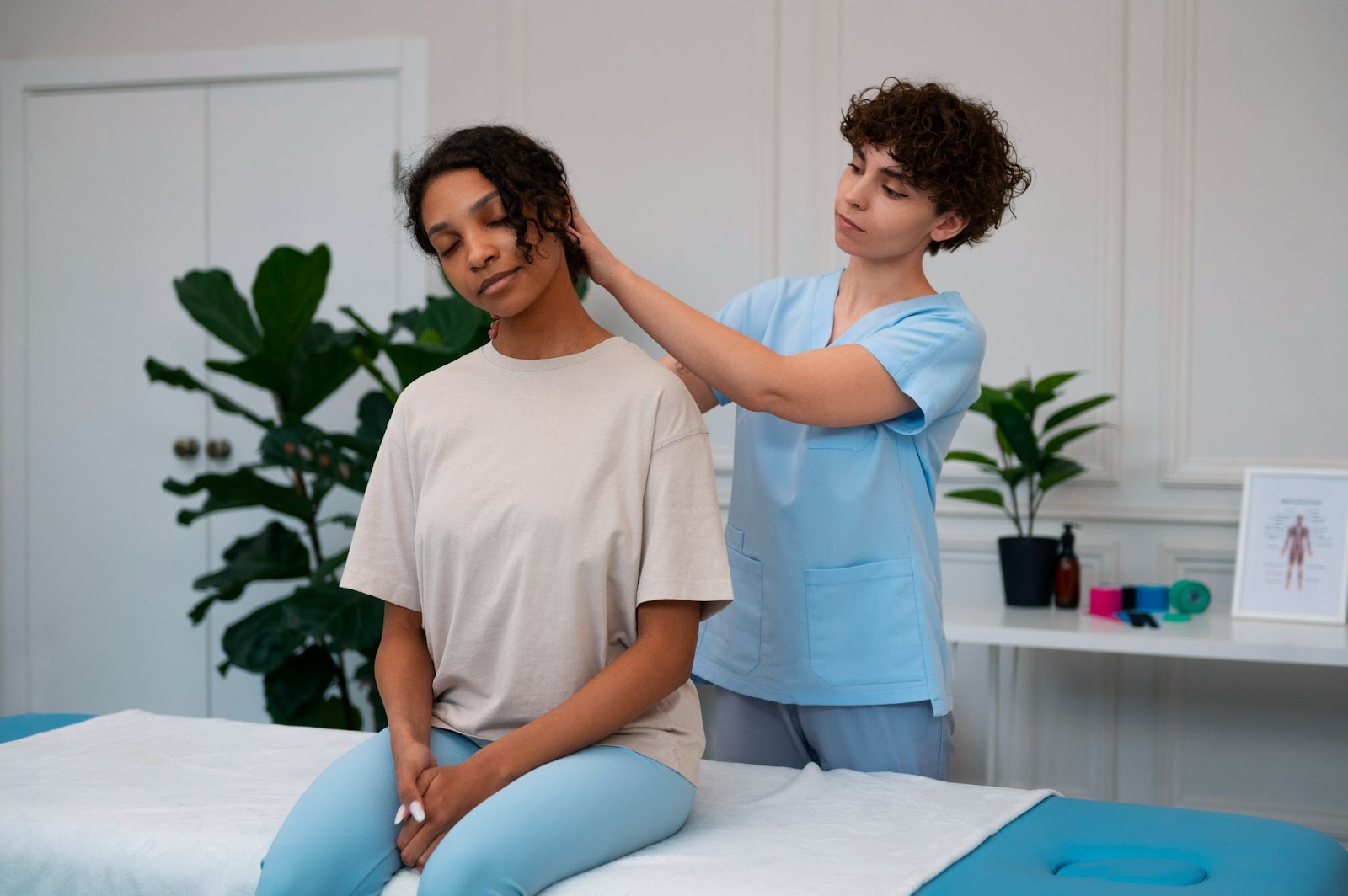 Physiotherapist using manual therapy techniques on a young woman’s neck to relax tight connective tissues as part of specialised physio manual therapy services